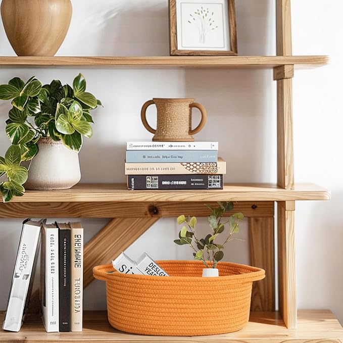 Orange Basket for Gifts Empty, 13"x 9"x 5" Small Woven Rope Bin, Easter Basket Empty, Kids Dog Cat Toy Bin Box, Cute Baby Nursery Organizer, Decorative Storage with Handles, Orange Room Decor