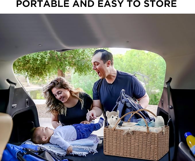 HBlife Baby Diaper Caddy Organizer, Paper Rope Storage Baskets Nursery Bin with Removable Divider, Portable Car Organizer for Diapers, Baby Shower Gifts, Newborn Essentials Must Haves