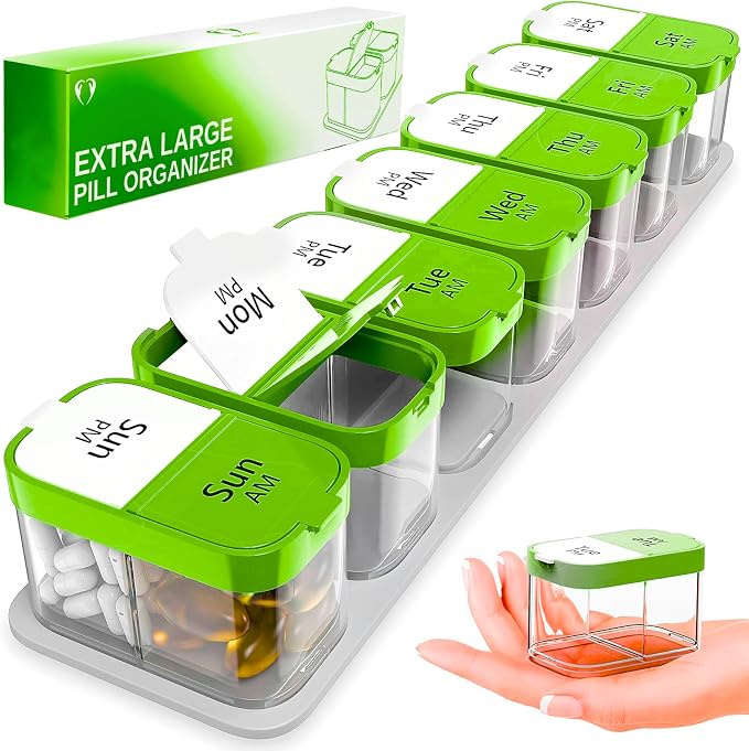 Extra Large Pill Organizer – Weekly Pill Box 7 Day AM PM for Big Vitamins & Supplements, Large Capacity Medication Dispenser with 7 Detachable Compartments, XL Pill Organizer 2 Times a Day