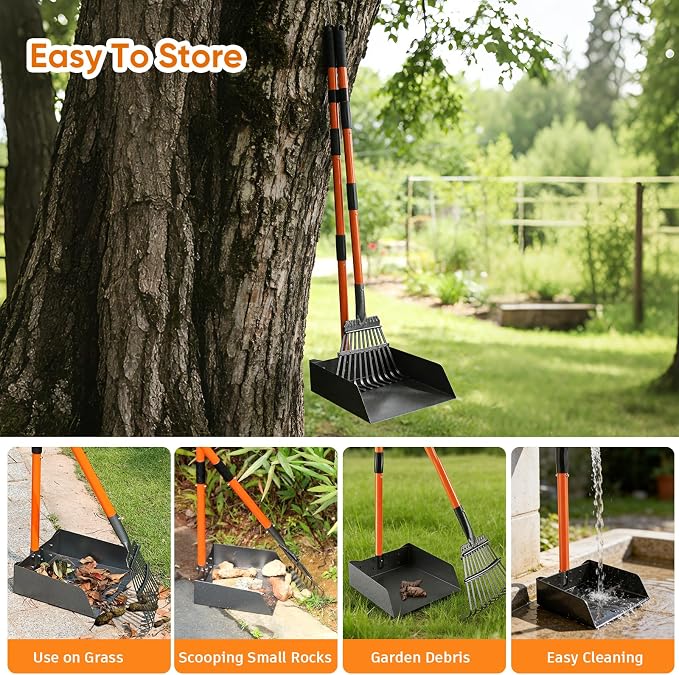 Pooper Scooper for Large Dogs, Heavy Duty Long Handle XL Metal Rake & Tray | Fits Multiple Pets,Stainless Steel, Rust-Proof, 38.5" Extended Reach, for Grass Dirt Gravel, Heavy Duty, No Bending Required