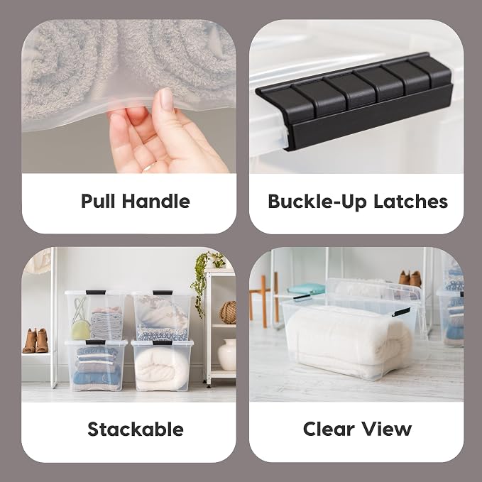IRIS USA 6-Pack 72 Quart Storage Bins with Lids, Clear | Transparent design makes contents easy to find. Perfect for moving, blankets, clothing, and garage storage. Nestable design