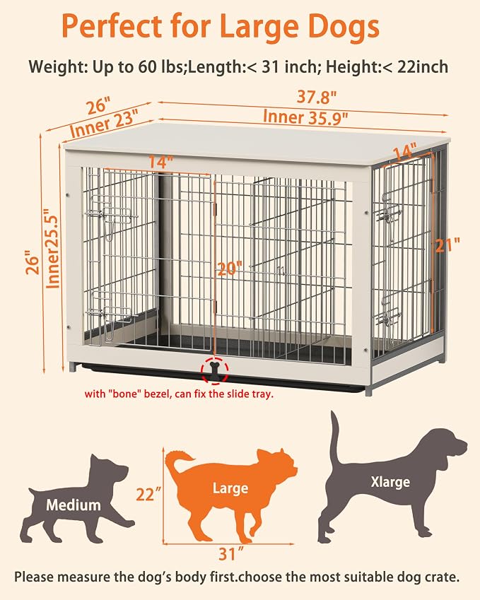 Piskyet Wooden Dog Crate Furniture with Divider Panel, Dog Crate End Table with Fixable Slide Tray, Double Doors Dog Kennel Indoor for Dogs(L:37.8" L*25.1" W*26.3" H,White)