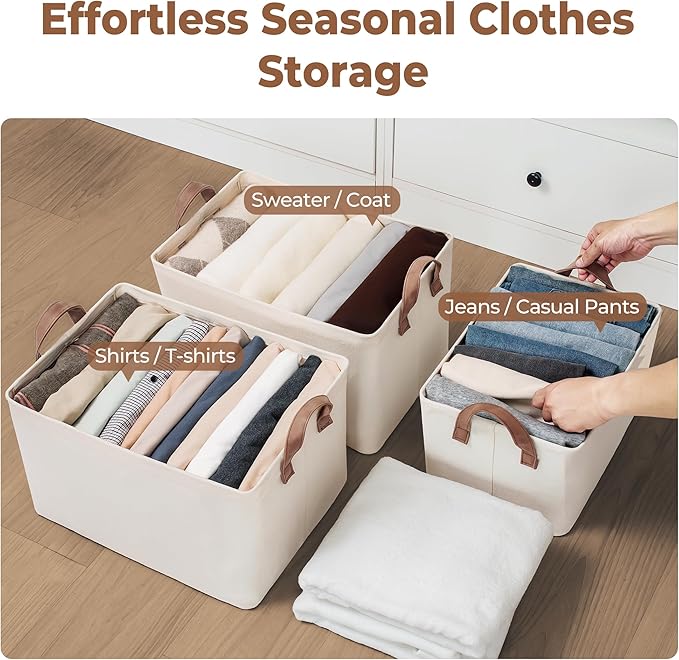 StorageWorks Storage Basket for Shelves, Storage Bins, Natural, 2-Pack | Large, With Reinforced PU Handles, Metal Frame, Sturdy Structure, Collapsible, Holds Clothes, Towels, Blankets