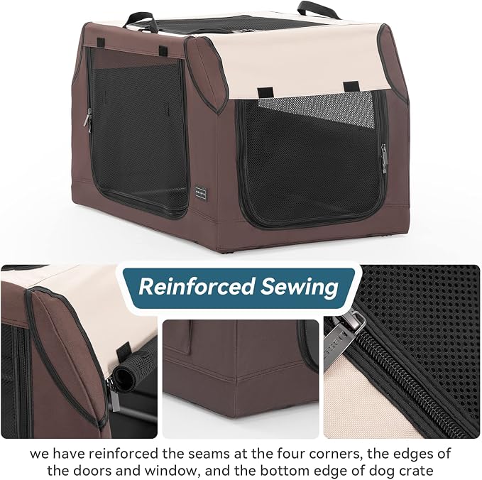 PETSFIT Portable Dog Crate, Soft Sided Dog Crate - 36 Inch Sturdy Adjustable Structure, Easy to Set Up, Collapsible Dog Car Kennel, Light Tough with 3 Mesh Doors Brown