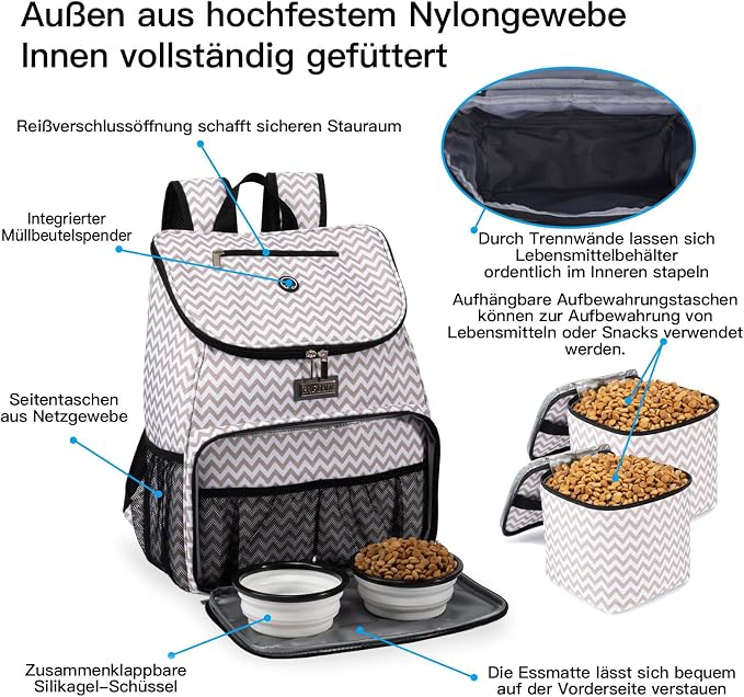 BAGLHER丨Dog Travel Bag, Airline Approved Pet Supplies Backpack, Dog Travel Backpack with 2 Silicone Collapsible Bowls and 2 Food Baskets