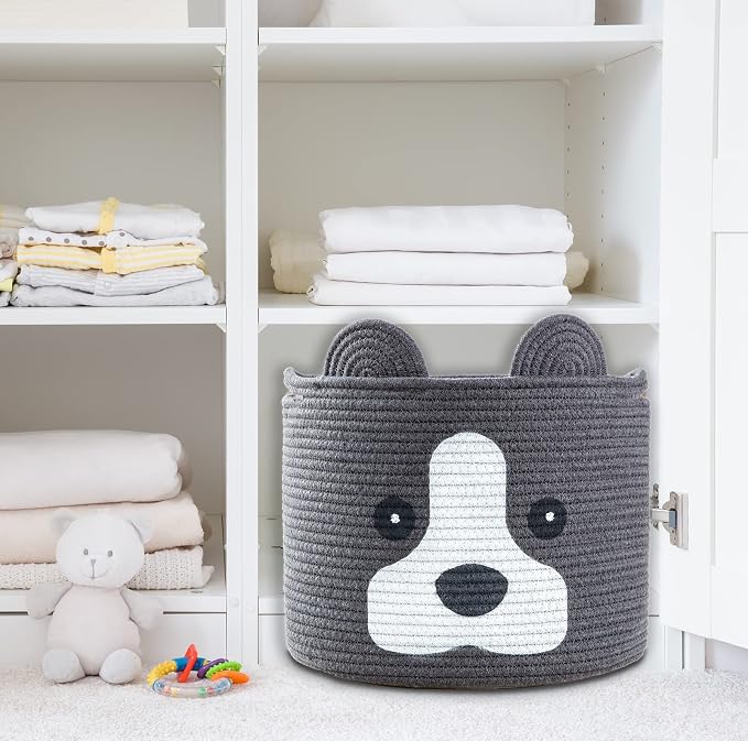 Medium Dog Woven Baskets with Handle, Dog Toy Hamper, Cotton Rope Dog Toy Storage Baskets for Pet, Animal Basket for Kids, Baby Gift Baskets for Dog Lovers, Dark Grey
