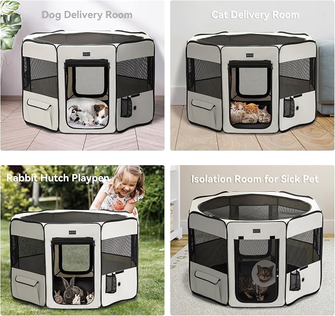PETSFIT 45.5" Dog Playpen with Dual Zipper Doors –Sturdy Foldable Pet Playpen for Large & Medium Dogs with Removable Mesh Top and Leakproof Bottom