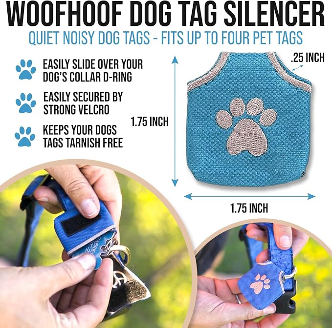 Woofhoof Dog Tag Silencer, Teal Pawprint - Quiet Noisy Pet Tags - Fits Up to Four Pet IDs - Dog Tag Cover Protects Metal Pet IDs, Made of Durable Nylon, Universal Fit, Machine Washable
