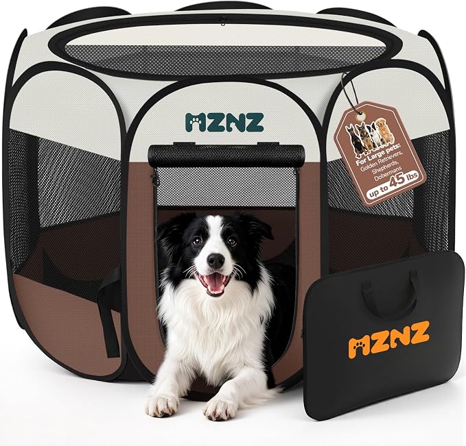 Dog Cat Small Animal Puppy Playpen Crate, Large, Brown | Portable Pop Up Pet Cage Enclosure Tent Kennel Indoor Outdoor with Carrying Case, No Assembly, Camping Use