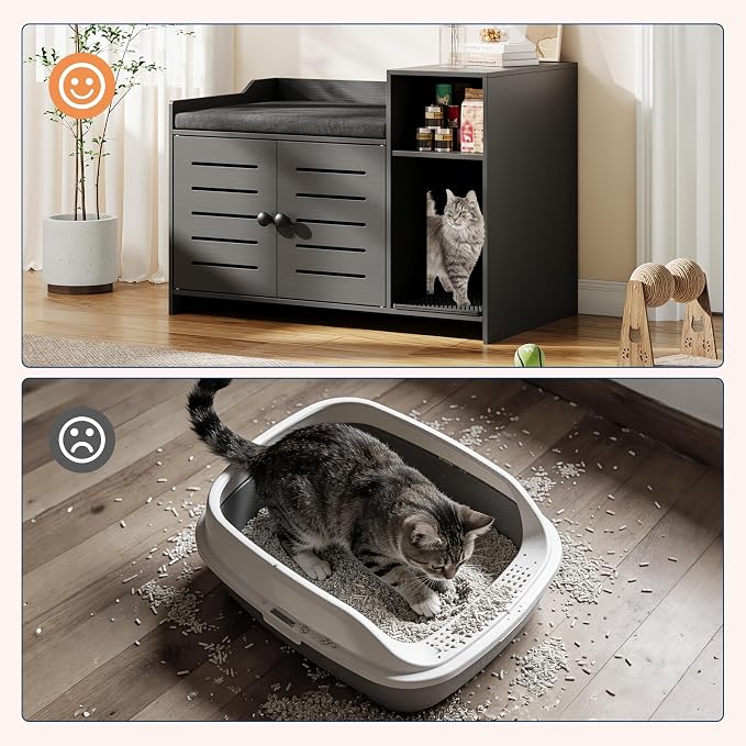 Cat Litter Box Enclosures, Large Hidden Cat Litter Box Furniture with Double Door, Wooden End Table Litter Box Cabinet with Storage Shelf, Cushion & Litter Mat, Dog Proof Design, Modern Cat House