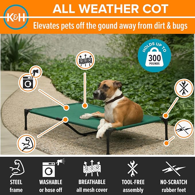 K&H Outdoor Elevated Dog Bed, Cooling Raised Dog Bed, XL 50x32in, Green | Pet Cot for Large & Extra Large Pets, Breathable Mesh 360 Hammock Design, Indoor/Outdoor Washable Cover, Portable Metal Frame