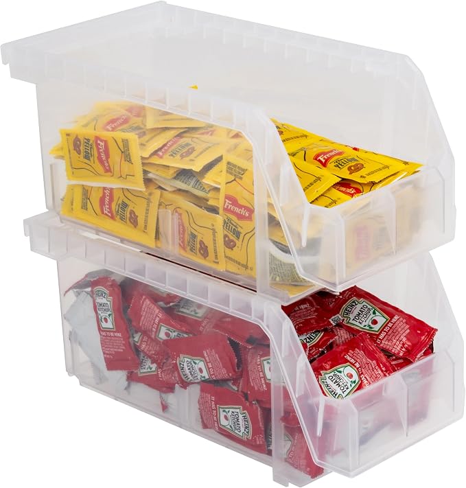 Medium Stackable Plastic Storage Bins, 8-Pack, Clear | Open-Front Stackable Bins For Garage, Pantry, Closet & Office, 11"L X 5,5"W X 5"H, Nests When Empty, Durable Plastic,