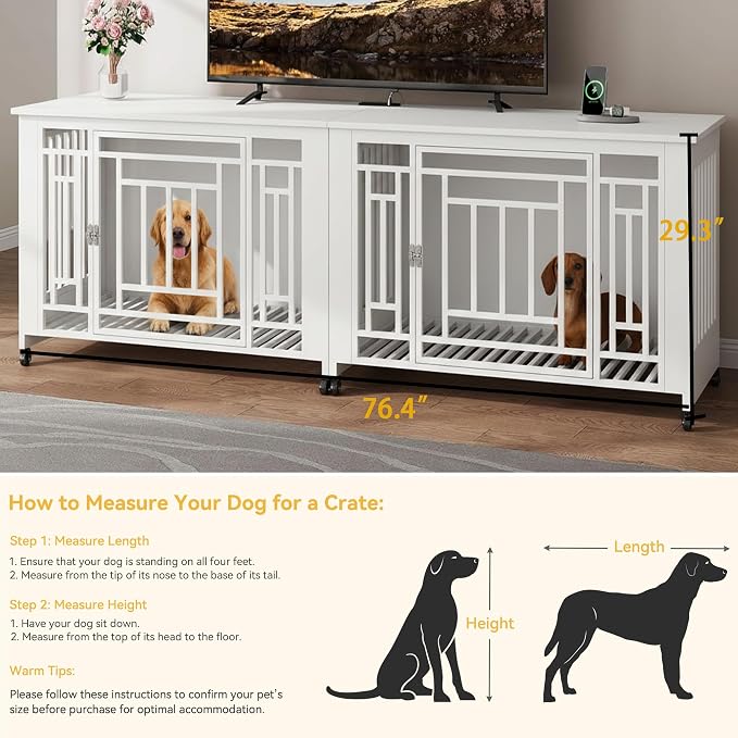 DWVO 76" Double Dog Crate Furniture for 2 Large Medium Dogs Chew-Resistant | Heavy Duty Dog Kennel Indoor TV Stand with Wheels, Decorative Wooden Dogs Cage Table with Removable Tray, White