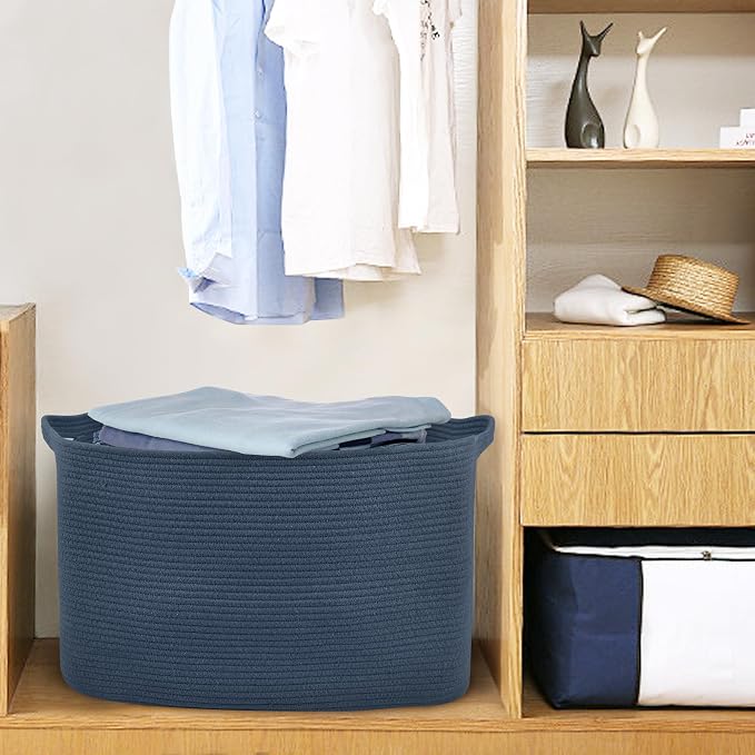 Extra Large Rectangle Storage Basket, 23.6" x 17" x 12" Dark Blue Blanket Storage for Living Room, Large Woven Cotton Rope Storage Box, Soft Kids Toy Basket Organizer Bin, Big Wicker Basket
