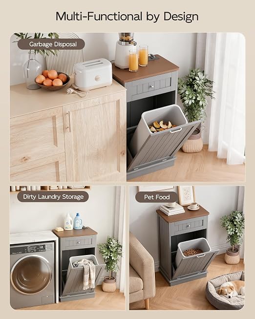 Betterhood Double Tilt Out Trash Cabinet with Power Outlet,Wooden Hidden Garbage Can Holder with a Big Storage Drawers for Kitchen, Living Room, Laundry, Grey