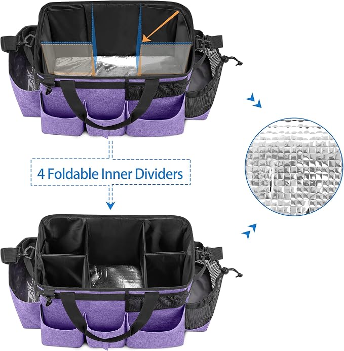 LoDrid Wearable Cleaning Caddy Bag with 4 Foldable Dividers, Purple | Cleaning Supply Organizer with Shoulder Strap and Side Handles for Cleaners & Housekeepers
