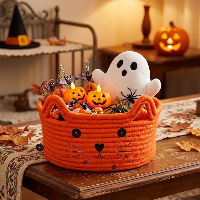 Zopeal Cat Storage Basket Woven Organizer with Ears Decorative Gift Cute Cotton Rope Pet Toy Basket for Gift Cat Dog Toy Bin Nursery Room(8.3 x 4.7 Inch,Orange) | Cute Cotton Rope Organizer with Handles for Toy Box, Nursery Decor, Decorative Bin, Pet S...