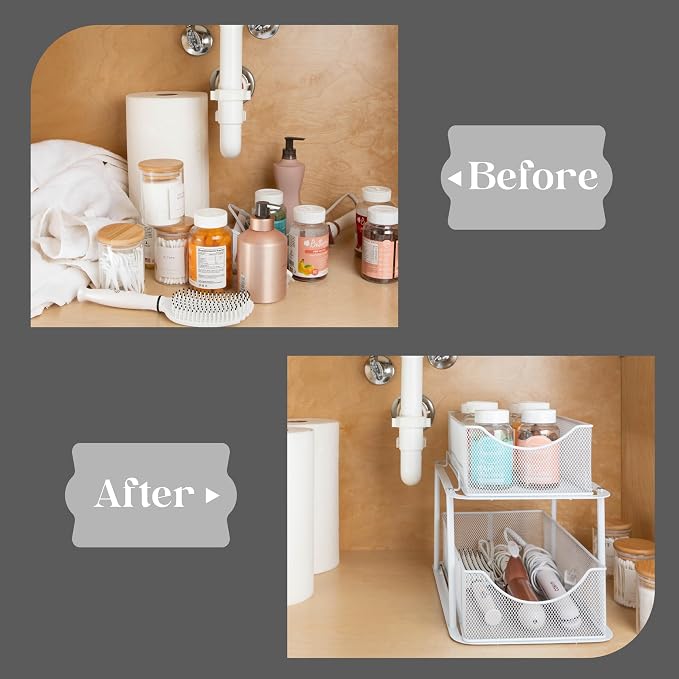 Sorbus Pull-Out Under Sink Organizer, Mesh Construction (White, 2 Pack) | Two-tier metal organization with strong steel and sliding drawers for bathrooms, kitchens, cabinets, closets and pantries.