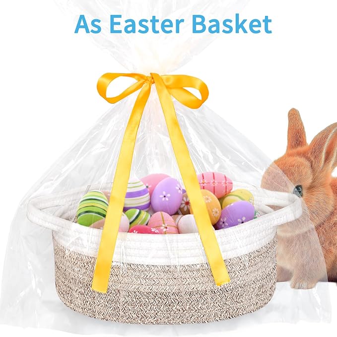 ABenkle Small Basket Empty Gift Basket, Decorative Boho Rope Woven Nursery Storage Organizer Dog Toy Baskets for Baby Showers Christmas Easter with Gift Bags and Ribbons, 12"X 8" X 5"
