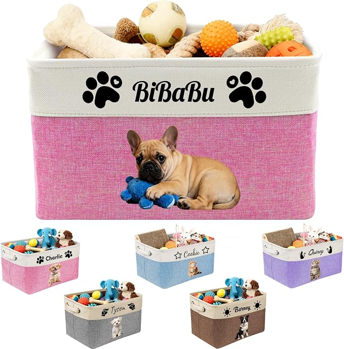 Amlion Personalized Dog Toy Basket Storage,Custom Pet Collapsible Bins with Name Photo Customized Box Organizer for Toys Dolls Clothing - Pink
