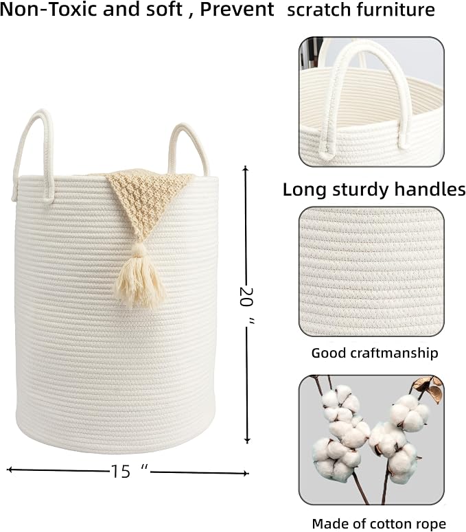 Woven Cotton Rope Laundry Basket, 15" x 20" Laundry Hamper, White | Rope storage basket for dirty clothes, toys and blankets. Perfect for bathroom, baby nursery and living room storage.
