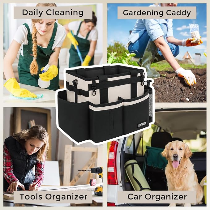 SCAVATA Compact Wearable Cleaning Caddy with Handle & Shoulder Straps | Small Cleaning Supplies Organizer, Under Sink & Car Cleaning Tools Storage Bag for Housekeepers Cleaners, Cream White
