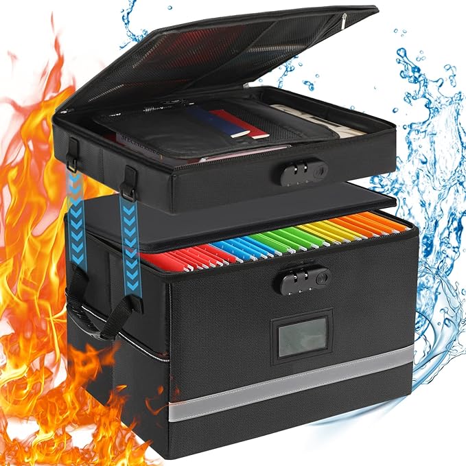 EXLIFBAG 2 Layer File Box with Lock, Portable Document Organizer Box with Handle, Fireproof File Box for Home Office, Legal File Organizer Storage