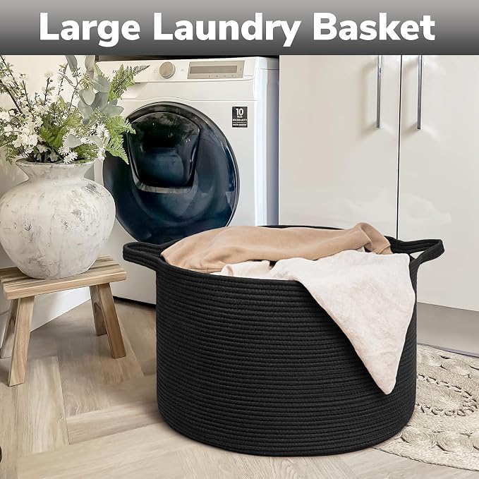Goodpick Large Woven Dirty Clothes Basket for Nursery & Living Room, 85L | 21.7 x 21.7 x 13.8 In Storage Basket for Nursery, Blanket Basket for Towels Clothes, Black