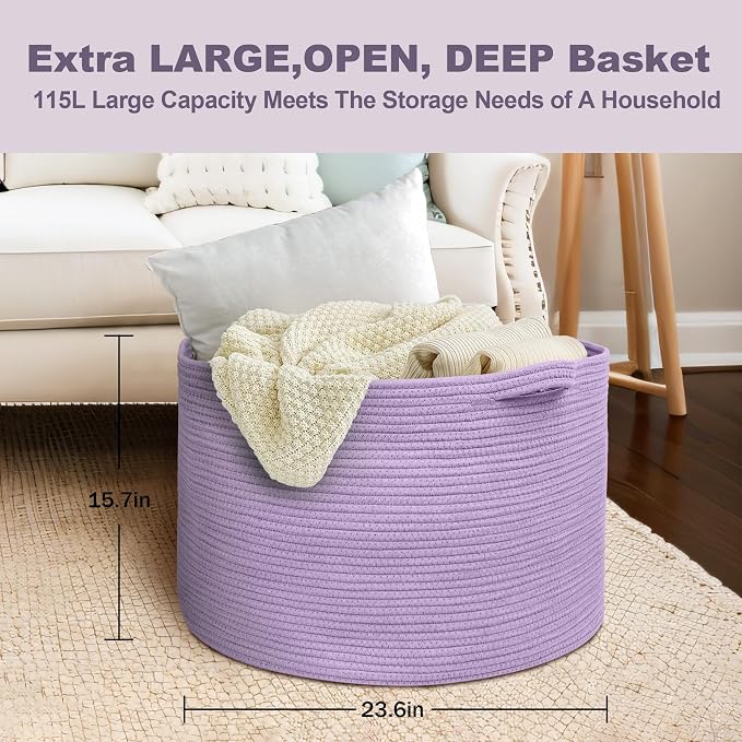 115L Extra Large Purple Storage Basket, 23.6" X 15.7" Jumbo Woven Cotton Rope Bin for Throw Blankets Pillows, Baby Laundry Basket, Dirty Clothes Organizer, Big Storage Box for Toys, Towels