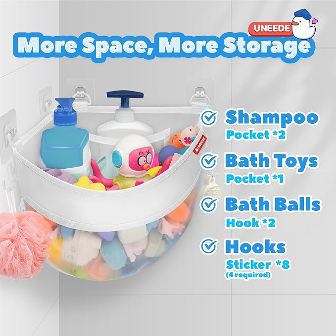 UNEEDE 4.32 Gallons Corner Mounted Bath Toy Storage Holder, Mesh Shower Caddy for Bathtub Organizer, Quick Dry Holder | Mesh Shower Caddy for Bathtub Organizer, Quick Dry Holder