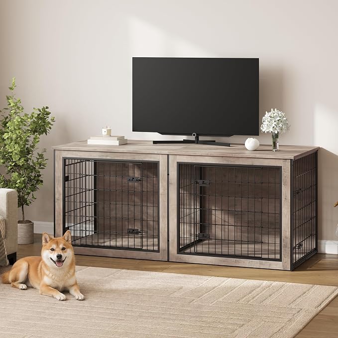 HOOBRO Dog Crate Furniture for 2 Dogs, 63" Large Double Dog Crate Furniture with Divider, Wooden Indoor Kennel TV Stand for Medium Large Dogs, Greige and Black BG55GW03
