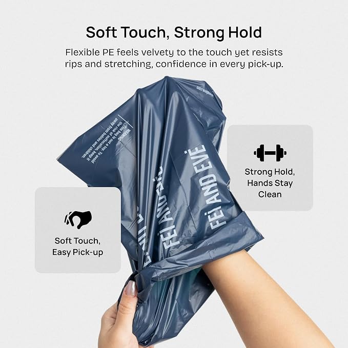Fei & Eve Dog Poop Bags 8 Rolls, Extra Thick 25 Micron & 100% Leak-Proof | Unscented, Full Blackout & Odor-Locking, Stretch Resistant, Easy to Tear off, Waste Bags