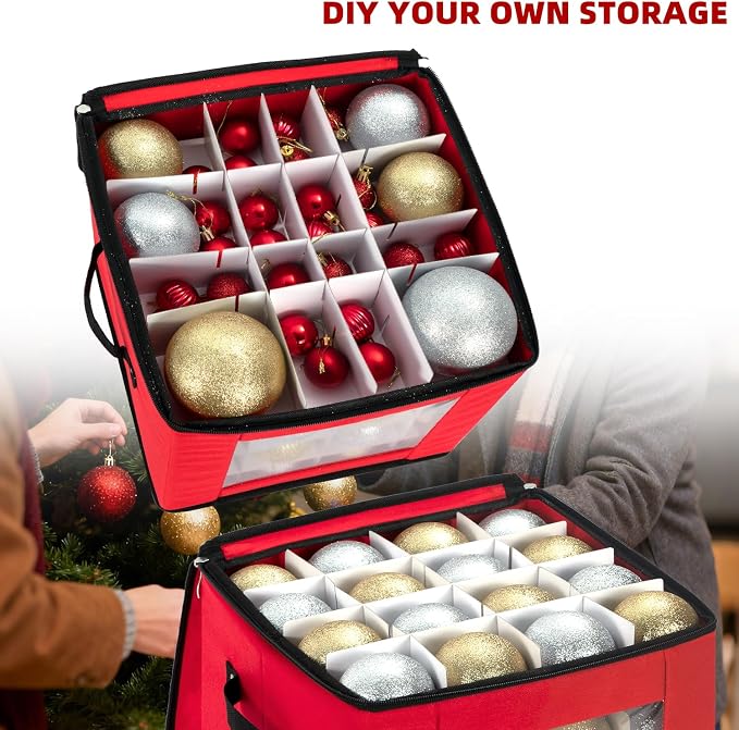 Christmas Ornament Storage Box with Adjustable Dividers, Premium Holiday Ornaments Storage Container Bin with Zippered Top for Xmas Decorations (64-3" Balls, Red, Without Tray)
