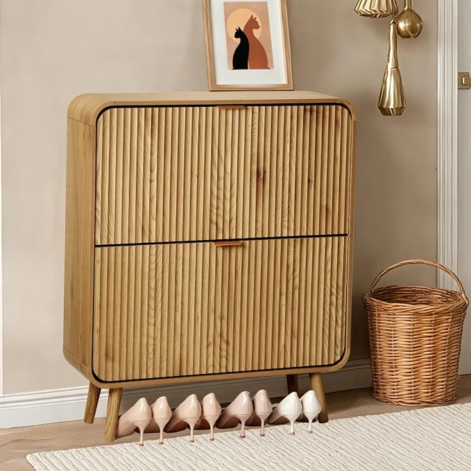 31.5" Fluted Shoe Cabinet with 2 Flip Drawers, Slim Freestanding Shoe Cabinet Organizer, Narrow Shoes Storage Rack for Entryway, Walnut