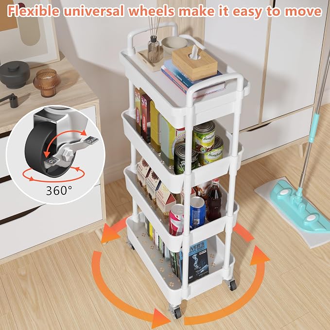 Calmootey 4-Tier Utility Cart with Drawer & Wheels, Storage for Home,Office | Space-Saving Organizer, Sturdy Plastic Shelves, Smooth-Rolling Metal Wheels, Built-in Drawer for Small Items, White