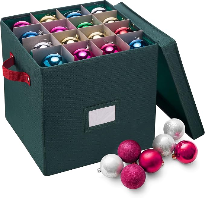 Elf Stor Christmas Ornament Storage Box, Green, 12” x 12” x 12” | Durable Holiday Organizer Cube with 64 Compartment Dividers, Riveted Handles, and Lid