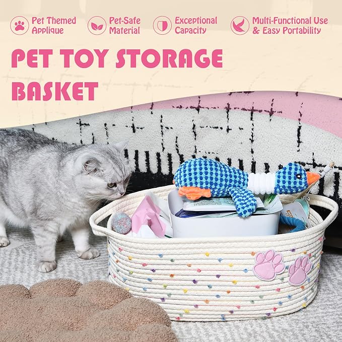 Sea Team Pet Toy Basket with Handles for Cats and Dogs, Rainbow Paw | Large Cotton Rope Storage Bin, Shelf Basket, Organizer for Pet Chew Toys, Foods, 16.5 x 11 x 7 Inches, 4.4 Gallons