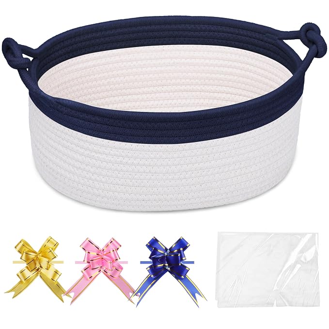 COMSE Small Gift Basket Empty with Bag & Ribbons, Navy Blue & White | Cotton Rope, 12"x 8"x 5", Pet Toy Storage Organizer, Woven Basket for Birthdays, Baby Showers, Mother’s Day, Valentine’s Day
