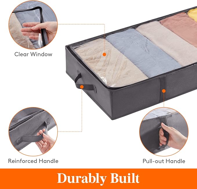 Lifewit Under Bed Storage Bag Organizer with Reinforced Handle Thick Fabric Clear Window Large Capacity Foldable Underbed Storage Container for Clothes Blankets Set of 6 Organization and Storage, Grey