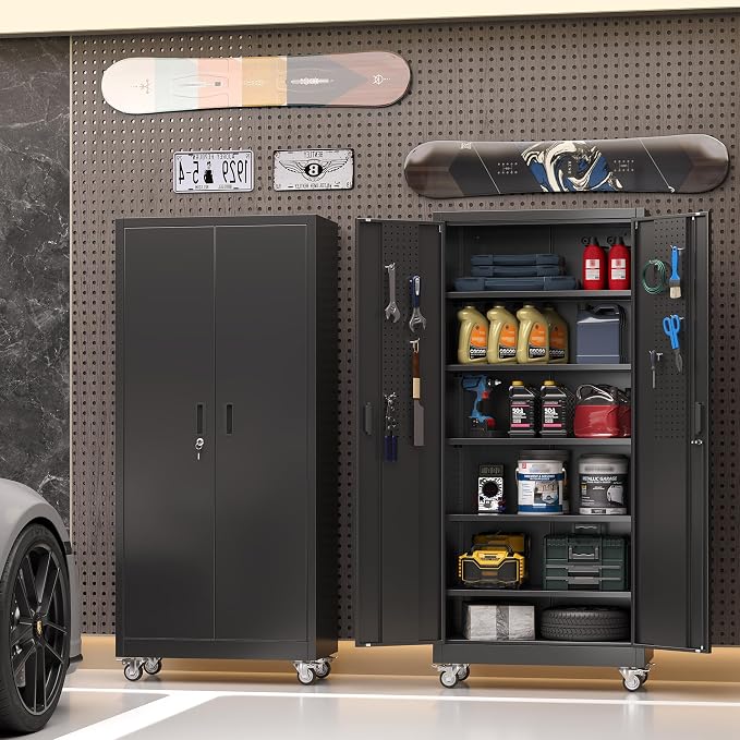 71 in. Garage Storage Cabinet with Wheels, 5 Shelves, Black | Lockable steel organizer with dual pegboard doors, four locking casters, and five adjustable shelves.