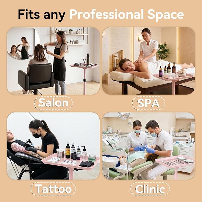 37" Rolling Salon Tray on Wheels Pink, Adjustable Height | Aluminum, Tool-Free Assembly, Stable Base, 360 Mobility, For Spa Clinic Tattoo Studio and Home Salon Use