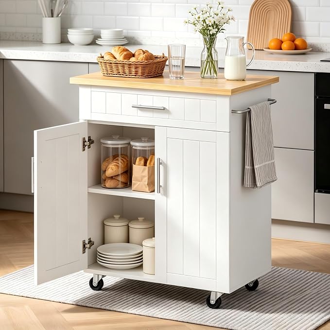 JY QAQA 26" Rolling Kitchen Island Cart on Wheels, Mobile Storage Cabinet with Drawer & Inner Shelves, Kitchen Prep Cart with Towel Rack, Portable Kitchen Island for Dining Room Apartment, White