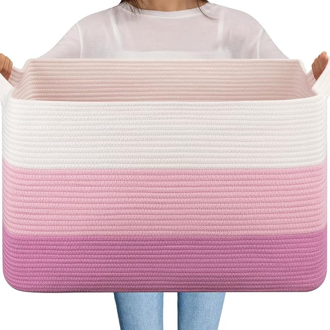 OIAHOMY Extra Large Blanket Basket, 95L Cotton Rope Woven Laundry Basket, Toy Bin for Baby Room, Container for Blanket Storage in Living Room, 24''×17''×14'', Gradient Pink