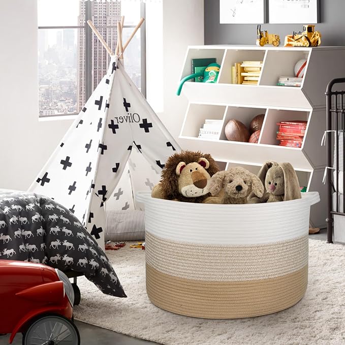MEGASKET Extra Large Storage Basket, 22” X 22” X 14” Blanket Basket Living Room, Kids Toy Box Organizer, Woven Cotton Rope Baskets for Storage, Soft Dog Toy Bin, Wicker Pillow Blanket Holder