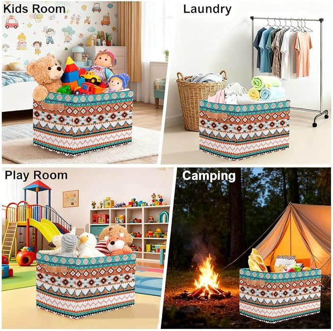 Pardick Storage Baskets Bin, Ethnic Boho Western Collapsible Canvas Fabric Storage Bin Decorative Baskets Toy Organizer Rectangle Storage Boxes with handles for Home Shelves Nursery,Q-12