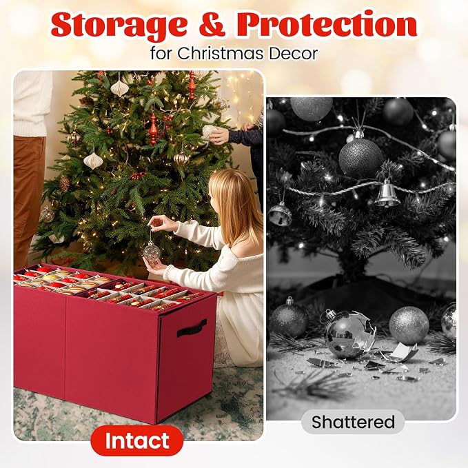StorageRight Christmas Ornament Storage Box - Ultra Large Drawer Ornament Organizer with 8 Separate Trays & Adjustable Dividers, Portable Ornaments Box with Cover & Handle for Holiday Decorations(Red)