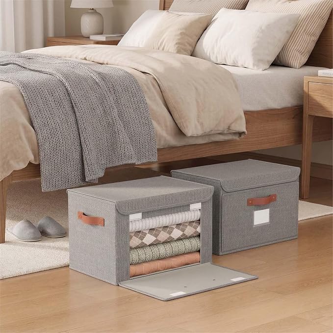 Tuza 2 Pack Storage Bins with Lids, Large Closet Storage Bins with Handles, Stackable Decorative Storage Boxes for Shelves Under Bed, Clothes Blankets Sweater Storage