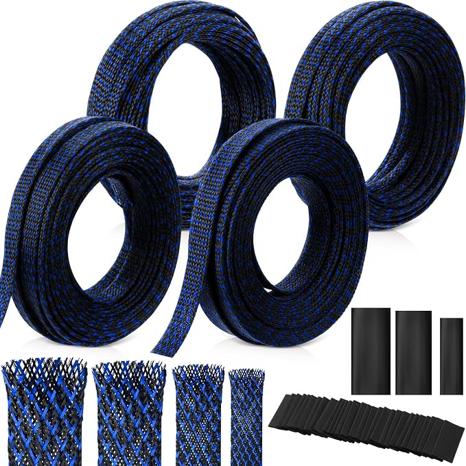 Tatuo 151 ft Braided Cable Sleeve Expandable Wire Sheathing(Blue, Black) | with 120 Heat Shrink Tubing 1/4 in 2/5 in 1/2 in 3/4 in Wire Sleeve Cord Management for Television Audio Computer Video Pets