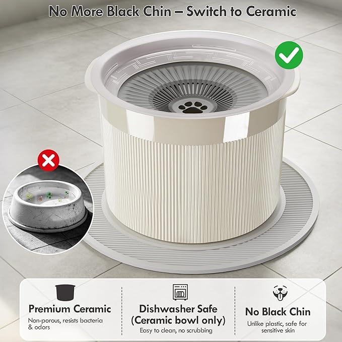 No Spill Ceramic Dog Water Bowl, Large Capacity Slow Drinking Bowl with Floating Disk & Filter, Heavy Duty Anti-Slip Bowl for Small to Medium Dogs, Cats & Multi-Pet Homes Indoor Outdoor