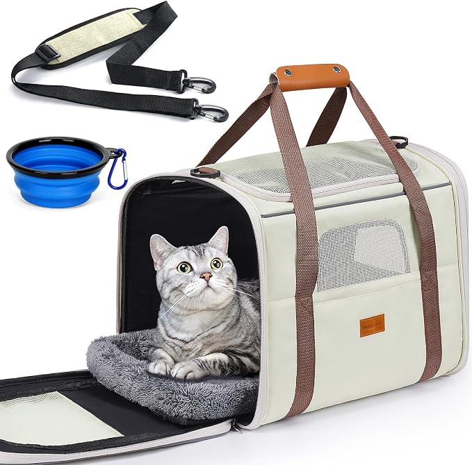 Morpilot Pet Carrier for Large Cats, Puppies & Small Dogs Up to 25lbs | Escape-Proof with Locking Zippers, Dual-Sided Cushion, Safety Buckle for Car & Vet Travel, Includes Foldable Bowl (Beige)